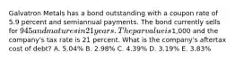 Galvatron Metals has a bond outstanding with a coupon rate of 5.9 percent and semiannual payments. The bond currently sells for 945 and matures in 21 years. The par value is1,000 and the company's tax rate is 21 percent. What is the company's aftertax cost of debt? A. 5.04% B. 2.98% C. 4.39% D. 3.19% E. 3.83%