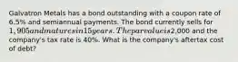 Galvatron Metals has a bond outstanding with a coupon rate of 6.5% and semiannual payments. The bond currently sells for 1,905 and matures in 15 years. The par value is2,000 and the company's tax rate is 40%. What is the company's aftertax cost of debt?