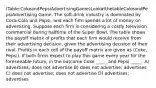 (Table:CokeandPepsiAdvertisingGame)LookatthetableCokeandPepsiAdvertising Game. The soft‐drink industry is dominated by Coca‐Cola and Pepsi, and each firm spends a lot of money on advertising. Suppose each firm is considering a costly television commercial during halftime of the Super Bowl. The table shows the payoff matrix of profits that each firm would receive from their advertising decision, given the advertising decision of their rival. Profits in each cell of the payoff matrix are given as (Coke, Pepsi). If both firms expect to play this game every year for the foreseeable future, in the outcome Coke _____ and Pepsi _____. A) advertises; does not advertise B) does not advertise; advertises C) does not advertise; does not advertise D) advertises; advertises