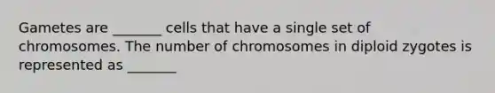 Gametes are _______ cells that have a single set of chromosomes. The number of chromosomes in diploid zygotes is represented as _______