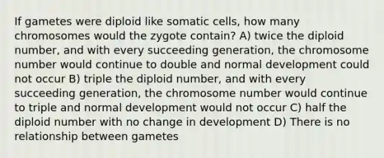 If gametes were diploid like somatic cells, how many chromosomes would the zygote contain? A) twice the diploid number, and with every succeeding generation, the chromosome number would continue to double and normal development could not occur B) triple the diploid number, and with every succeeding generation, the chromosome number would continue to triple and normal development would not occur C) half the diploid number with no change in development D) There is no relationship between gametes