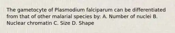 The gametocyte of Plasmodium falciparum can be differentiated from that of other malarial species by: A. Number of nuclei B. Nuclear chromatin C. Size D. Shape