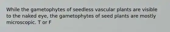 While the gametophytes of seedless <a href='https://www.questionai.com/knowledge/kbaUXKuBoK-vascular-plants' class='anchor-knowledge'>vascular plants</a> are visible to the naked eye, the gametophytes of seed plants are mostly microscopic. T or F