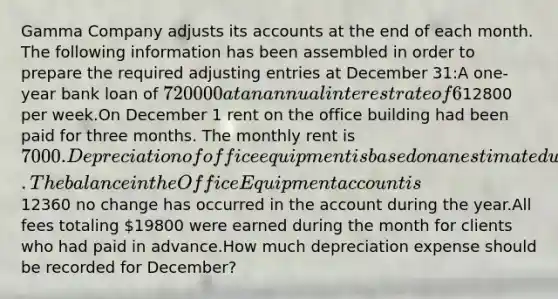 Gamma Company adjusts its accounts at the end of each month. The following information has been assembled in order to prepare the required adjusting entries at December 31:A one-year bank loan of 720000 at an annual interest rate of 6% had been obtained on December 1.The company's pays all employees up-to-date each Friday for a five-day workweek. Since December 31 fell on Tuesday there was a liability to employees at December 31 for two day's pay (Monday and Tuesday). Employees earn a total of12800 per week.On December 1 rent on the office building had been paid for three months. The monthly rent is 7000.Depreciation of office equipment is based on an estimated useful life of five years. The balance in the Office Equipment account is12360 no change has occurred in the account during the year.All fees totaling 19800 were earned during the month for clients who had paid in advance.How much depreciation expense should be recorded for December?