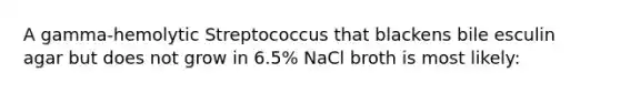 A gamma-hemolytic Streptococcus that blackens bile esculin agar but does not grow in 6.5% NaCl broth is most likely: