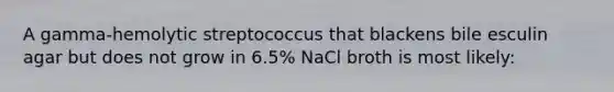 A gamma-hemolytic streptococcus that blackens bile esculin agar but does not grow in 6.5% NaCl broth is most likely: