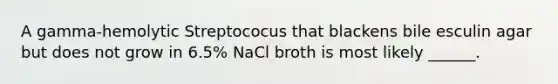 A gamma-hemolytic Streptococus that blackens bile esculin agar but does not grow in 6.5% NaCl broth is most likely ______.