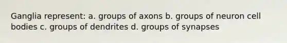 Ganglia represent: a. groups of axons b. groups of neuron cell bodies c. groups of dendrites d. groups of synapses