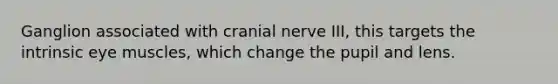 Ganglion associated with cranial nerve III, this targets the intrinsic eye muscles, which change the pupil and lens.