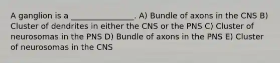 A ganglion is a ________________. A) Bundle of axons in the CNS B) Cluster of dendrites in either the CNS or the PNS C) Cluster of neurosomas in the PNS D) Bundle of axons in the PNS E) Cluster of neurosomas in the CNS