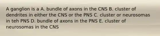 A ganglion is a A. bundle of axons in the CNS B. cluster of dendrites in either the CNS or the PNS C. cluster or neurosomas in teh PNS D. bundle of axons in the PNS E. cluster of neurosomas in the CNS