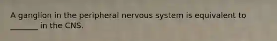 A ganglion in the peripheral <a href='https://www.questionai.com/knowledge/kThdVqrsqy-nervous-system' class='anchor-knowledge'>nervous system</a> is equivalent to _______ in the CNS.