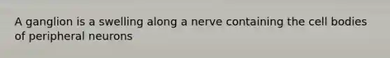 A ganglion is a swelling along a nerve containing the cell bodies of peripheral neurons