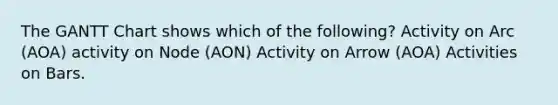 The GANTT Chart shows which of the following? Activity on Arc (AOA) activity on Node (AON) Activity on Arrow (AOA) Activities on Bars.