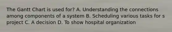 The Gantt Chart is used for? A. Understanding the connections among components of a system B. Scheduling various tasks for s project C. A decision D. To show hospital organization