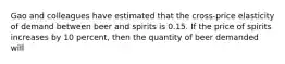 Gao and colleagues have estimated that the​ cross-price elasticity of demand between beer and spirits is 0.15. If the price of spirits increases by 10​ percent, then the quantity of beer demanded will