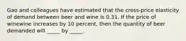 Gao and colleagues have estimated that the​ cross-price elasticity of demand between beer and wine is 0.31. If the price of winewine increases by 10​ percent, then the quantity of beer demanded will _____ by _____.