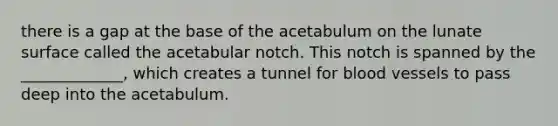 there is a gap at the base of the acetabulum on the lunate surface called the acetabular notch. This notch is spanned by the _____________, which creates a tunnel for <a href='https://www.questionai.com/knowledge/kZJ3mNKN7P-blood-vessels' class='anchor-knowledge'>blood vessels</a> to pass deep into the acetabulum.