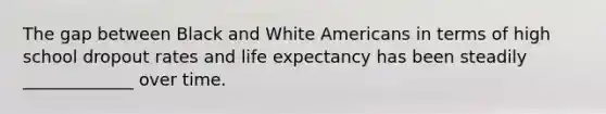 The gap between Black and White Americans in terms of high school dropout rates and life expectancy has been steadily _____________ over time.