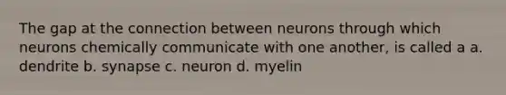 The gap at the connection between neurons through which neurons chemically communicate with one another, is called a a. dendrite b. synapse c. neuron d. myelin