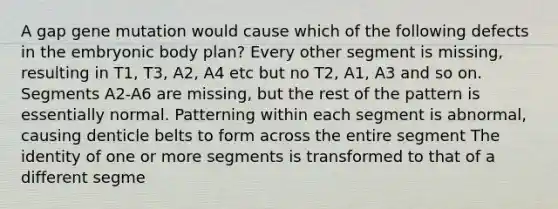 A gap gene mutation would cause which of the following defects in the embryonic body plan? Every other segment is missing, resulting in T1, T3, A2, A4 etc but no T2, A1, A3 and so on. Segments A2-A6 are missing, but the rest of the pattern is essentially normal. Patterning within each segment is abnormal, causing denticle belts to form across the entire segment The identity of one or more segments is transformed to that of a different segme