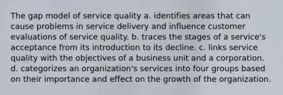 The gap model of service quality a. identifies areas that can cause problems in service delivery and influence customer evaluations of service quality. b. traces the stages of a service's acceptance from its introduction to its decline. c. links service quality with the objectives of a business unit and a corporation. d. categorizes an organization's services into four groups based on their importance and effect on the growth of the organization.