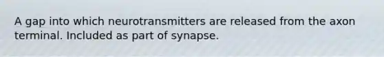 A gap into which neurotransmitters are released from the axon terminal. Included as part of synapse.