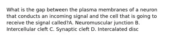 What is the gap between the plasma membranes of a neuron that conducts an incoming signal and the cell that is going to receive the signal called?A. Neuromuscular junction B. Intercellular cleft C. Synaptic cleft D. Intercalated disc