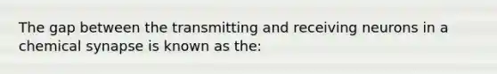 The gap between the transmitting and receiving neurons in a chemical synapse is known as the: