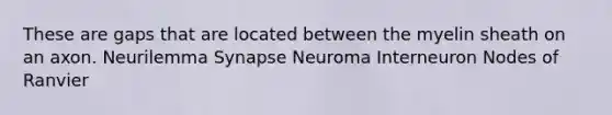 These are gaps that are located between the myelin sheath on an axon. Neurilemma Synapse Neuroma Interneuron Nodes of Ranvier