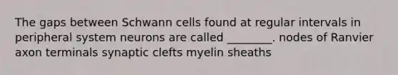 The gaps between Schwann cells found at regular intervals in peripheral system neurons are called ________. nodes of Ranvier axon terminals synaptic clefts myelin sheaths