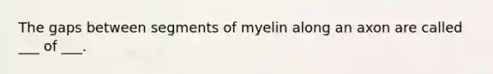 The gaps between segments of myelin along an axon are called ___ of ___.