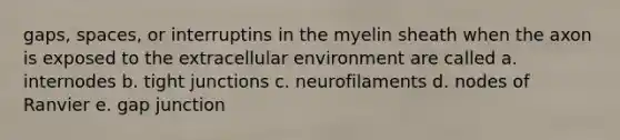 gaps, spaces, or interruptins in the myelin sheath when the axon is exposed to the extracellular environment are called a. internodes b. tight junctions c. neurofilaments d. nodes of Ranvier e. gap junction