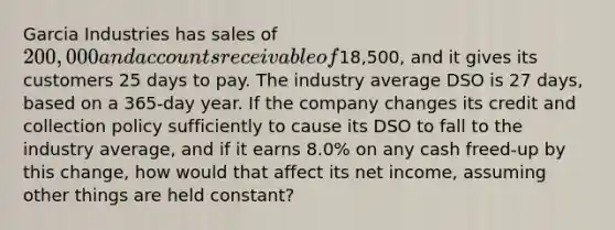 Garcia Industries has sales of 200,000 and accounts receivable of18,500, and it gives its customers 25 days to pay. The industry average DSO is 27 days, based on a 365-day year. If the company changes its credit and collection policy sufficiently to cause its DSO to fall to the industry average, and if it earns 8.0% on any cash freed-up by this change, how would that affect its net income, assuming other things are held constant?