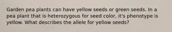 Garden pea plants can have yellow seeds or green seeds. In a pea plant that is heterozygous for seed color, it's phenotype is yellow. What describes the allele for yellow seeds?