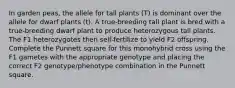 In garden peas, the allele for tall plants (T) is dominant over the allele for dwarf plants (t). A true-breeding tall plant is bred with a true-breeding dwarf plant to produce heterozygous tall plants. The F1 heterozygotes then self-fertilize to yield F2 offspring. Complete the Punnett square for this monohybrid cross using the F1 gametes with the appropriate genotype and placing the correct F2 genotype/phenotype combination in the Punnett square.