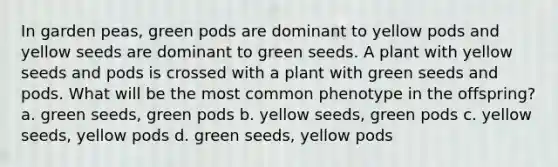 In garden peas, green pods are dominant to yellow pods and yellow seeds are dominant to green seeds. A plant with yellow seeds and pods is crossed with a plant with green seeds and pods. What will be the most common phenotype in the offspring? a. green seeds, green pods b. yellow seeds, green pods c. yellow seeds, yellow pods d. green seeds, yellow pods