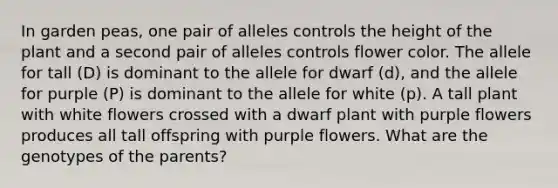 In garden peas, one pair of alleles controls the height of the plant and a second pair of alleles controls flower color. The allele for tall (D) is dominant to the allele for dwarf (d), and the allele for purple (P) is dominant to the allele for white (p). A tall plant with white flowers crossed with a dwarf plant with purple flowers produces all tall offspring with purple flowers. What are the genotypes of the parents?