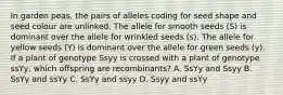 In garden peas, the pairs of alleles coding for seed shape and seed colour are unlinked. The allele for smooth seeds (S) is dominant over the allele for wrinkled seeds (s). The allele for yellow seeds (Y) is dominant over the allele for green seeds (y). If a plant of genotype Ssyy is crossed with a plant of genotype ssYy, which offspring are recombinants? A. SsYy and Ssyy B. SsYy and ssYy C. SsYy and ssyy D. Ssyy and ssYy