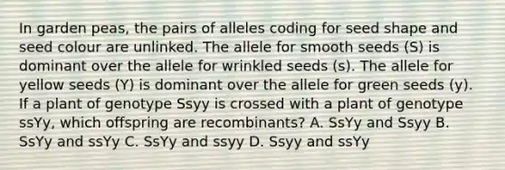 In garden peas, the pairs of alleles coding for seed shape and seed colour are unlinked. The allele for smooth seeds (S) is dominant over the allele for wrinkled seeds (s). The allele for yellow seeds (Y) is dominant over the allele for green seeds (y). If a plant of genotype Ssyy is crossed with a plant of genotype ssYy, which offspring are recombinants? A. SsYy and Ssyy B. SsYy and ssYy C. SsYy and ssyy D. Ssyy and ssYy