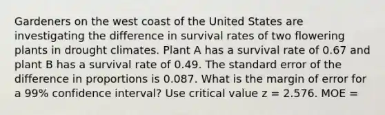 Gardeners on the west coast of the United States are investigating the difference in survival rates of two flowering plants in drought climates. Plant A has a survival rate of 0.67 and plant B has a survival rate of 0.49. The standard error of the difference in proportions is 0.087. What is the margin of error for a 99% confidence interval? Use critical value z = 2.576. MOE =