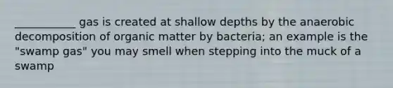 ___________ gas is created at shallow depths by the anaerobic decomposition of organic matter by bacteria; an example is the "swamp gas" you may smell when stepping into the muck of a swamp