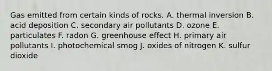 Gas emitted from certain kinds of rocks. A. thermal inversion B. acid deposition C. secondary air pollutants D. ozone E. particulates F. radon G. <a href='https://www.questionai.com/knowledge/kSLZFxwGpF-greenhouse-effect' class='anchor-knowledge'>greenhouse effect</a> H. primary air pollutants I. photochemical smog J. oxides of nitrogen K. sulfur dioxide