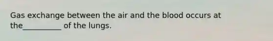 <a href='https://www.questionai.com/knowledge/kU8LNOksTA-gas-exchange' class='anchor-knowledge'>gas exchange</a> between the air and <a href='https://www.questionai.com/knowledge/k7oXMfj7lk-the-blood' class='anchor-knowledge'>the blood</a> occurs at the__________ of the lungs.