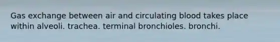 Gas exchange between air and circulating blood takes place within alveoli. trachea. terminal bronchioles. bronchi.