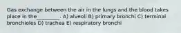 Gas exchange between the air in the lungs and the blood takes place in the_________. A) alveoli B) primary bronchi C) terminal bronchioles D) trachea E) respiratory bronchi