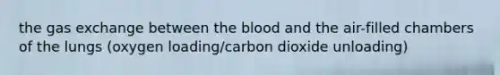 the gas exchange between the blood and the air-filled chambers of the lungs (oxygen loading/carbon dioxide unloading)