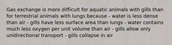 Gas exchange is more difficult for aquatic animals with gills than for terrestrial animals with lungs because - water is less dense than air - gills have less surface area than lungs - water contains much less oxygen per unit volume than air - gills allow only unidirectional transport - gills collapse in air