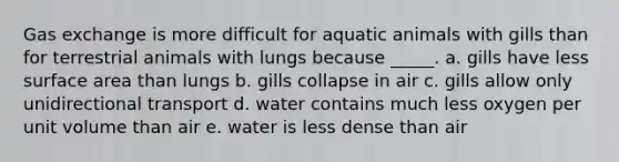 Gas exchange is more difficult for aquatic animals with gills than for terrestrial animals with lungs because _____. a. gills have less surface area than lungs b. gills collapse in air c. gills allow only unidirectional transport d. water contains much less oxygen per unit volume than air e. water is less dense than air