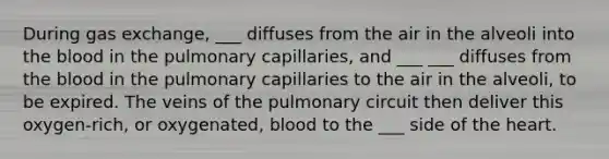 During <a href='https://www.questionai.com/knowledge/kU8LNOksTA-gas-exchange' class='anchor-knowledge'>gas exchange</a>, ___ diffuses from the air in the alveoli into <a href='https://www.questionai.com/knowledge/k7oXMfj7lk-the-blood' class='anchor-knowledge'>the blood</a> in the pulmonary capillaries, and ___ ___ diffuses from the blood in the pulmonary capillaries to the air in the alveoli, to be expired. The veins of the pulmonary circuit then deliver this oxygen-rich, or oxygenated, blood to the ___ side of <a href='https://www.questionai.com/knowledge/kya8ocqc6o-the-heart' class='anchor-knowledge'>the heart</a>.